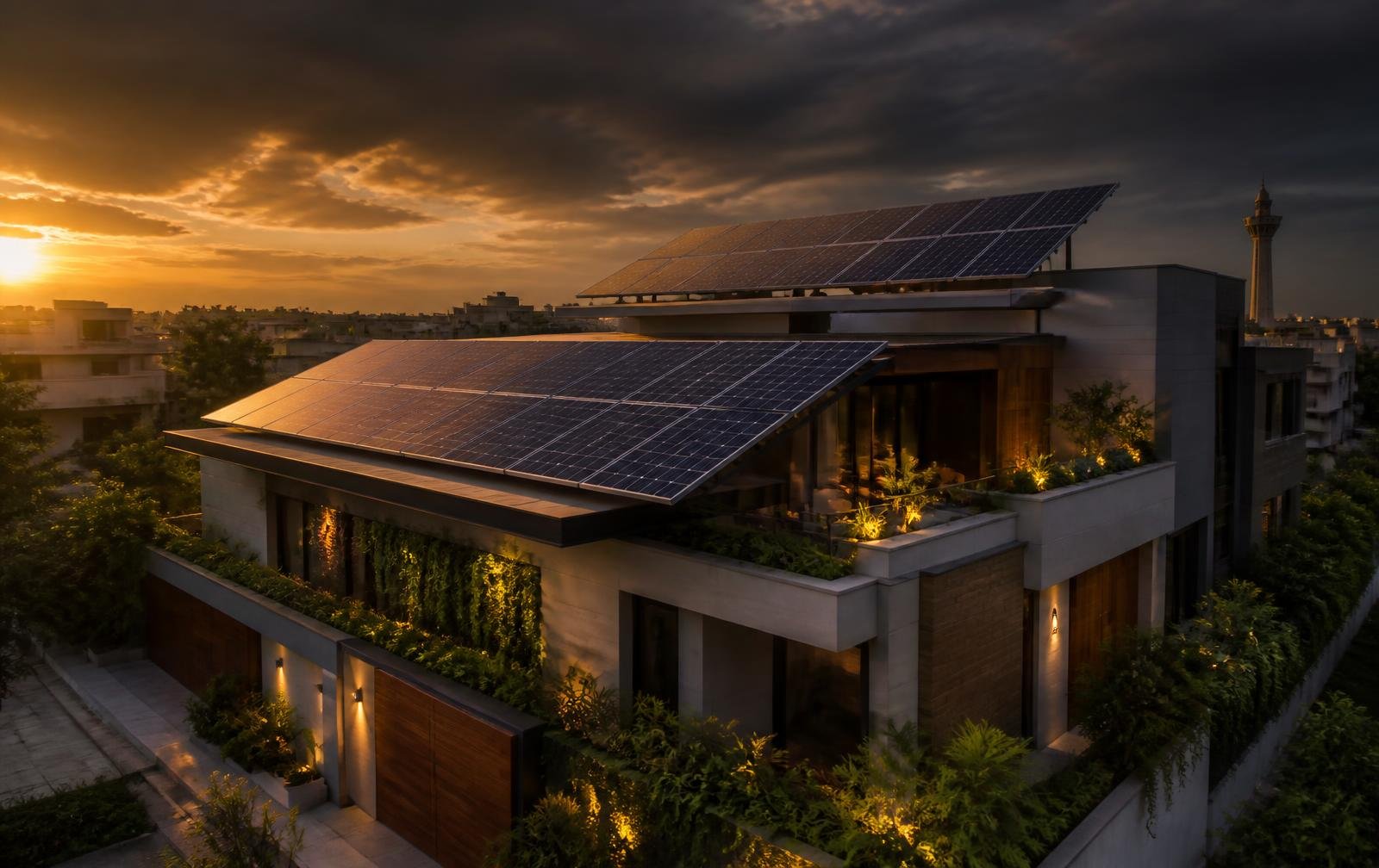Solar panels installed on a modern Lahore rooftop at sunset